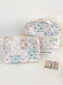 1 Pieza/Set Organizador de cosméticos multifuncional de gran capacidad con estampado floral y de cuadros, bolso de mano con cremallera para almacenar lápices labiales, brochas, productos de cuidado de la piel, artículos de viaje esenciales, bolsa de maquillaje, organizador de maquillaje, regalo para mujeres en vacaciones, invierno, San Valentín, vuelta al colegio
