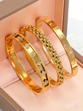 Set de 3 piezas Pulsera bañada en oro de 18K de acero inoxidable para mujeres, con diseño clásico de cadena y flor de circonita, joyería para ocio, fiestas y vacaciones, adecuada para cumpleaños, bodas, San Valentín, regalos para mamá, madres, Día de la Madre