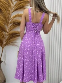 Floral Dress With Built-In Cups, Elasticated Back, Tie Details And Slit At The Hem. - 玫紅色 - 查看 2