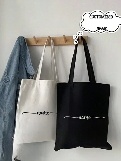Customized Foldable Canvas Bag With Satin Ribbon Text, Shoulder Bag, Student Handbag, Casual Canvas Bag, Large Capacity Shoulder Bag, Shopping Tote, Student Art Shoulder Bag, Casual Large Capacity Handbag, Black Shoulder Messenger Bag, Casual Tutoring Bag, Large Capacity Affordable Tote Bag