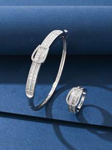 1pc Elegant Bracelet/Ring Set With Fashionable Buckle Design, Sparkling Zirconia Stones, Platinum Plated, Suitable For Evening Gowns, Parties, Holidays, Anniversaries, Birthdays, Employee Rewards, And Daily Wear - Bracelet Set - View 9