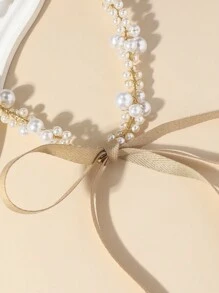 1pc European & American Fashion Faux Pearl, Glass Beads, Copper Wire Handmade Knotted Pearl Satin Ribbon Headband, Women Accessory, Daily/Festival Gift - White - View 6