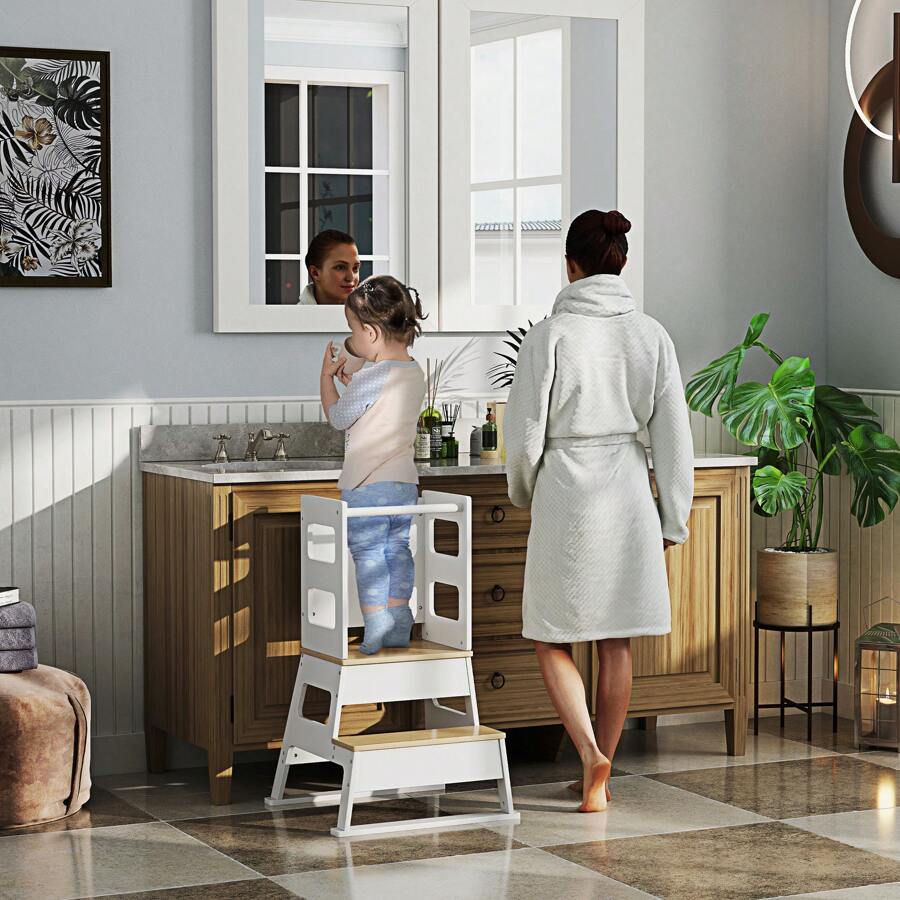 AIYAPLAY 2 In 1 Learning Tower Learning Stool For Kids Ages 3+ With Chalkboard And Barrier For Bathroom Kitchen 55x52.5x87.5cm White - White - View 1