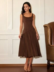 女士纯色无袖连衣裙，时尚优雅休闲拼接连衣裙，复古风格拼接毕业礼服，棕色连衣裙 - 咖啡 - 查看 3