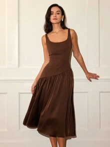 女士纯色无袖连衣裙，时尚优雅休闲拼接连衣裙，复古风格拼接毕业礼服，棕色连衣裙 - 咖啡 - 查看 5