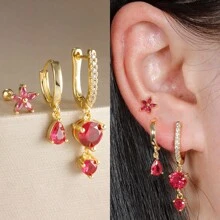 3PCS For One Ear Colorful Crystal Copper And Stainless Steel Hoop Earrings Set For Women Geometric Round Pendant Earring Cartilage Piercing Jewelry - 3pcs Earrings Set - View 1