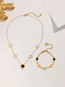 1pc Stainless Steel Gold Color Creative Round Roman Numeral Design Necklace, Fashionable Minimalist Elegant Casual Wear, Suitable For Daily, Party, Valentine's Day, Christmas Gift (OPP Bag Packaging) - Gold - View 3