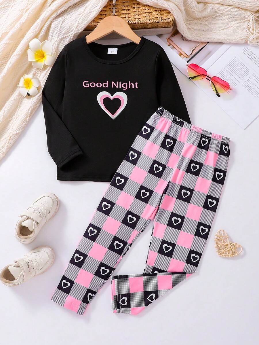 Girls' Comfort Heart Print Sweater Top + Plaid Long Pants, Spring/Autumn