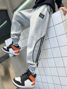 Tween 男童休闲抽绳运动裤，宽松针织慢跑裤，舒适松紧腰裤，适合上学、户外穿着、春秋季 - 灰色 - 查看 4