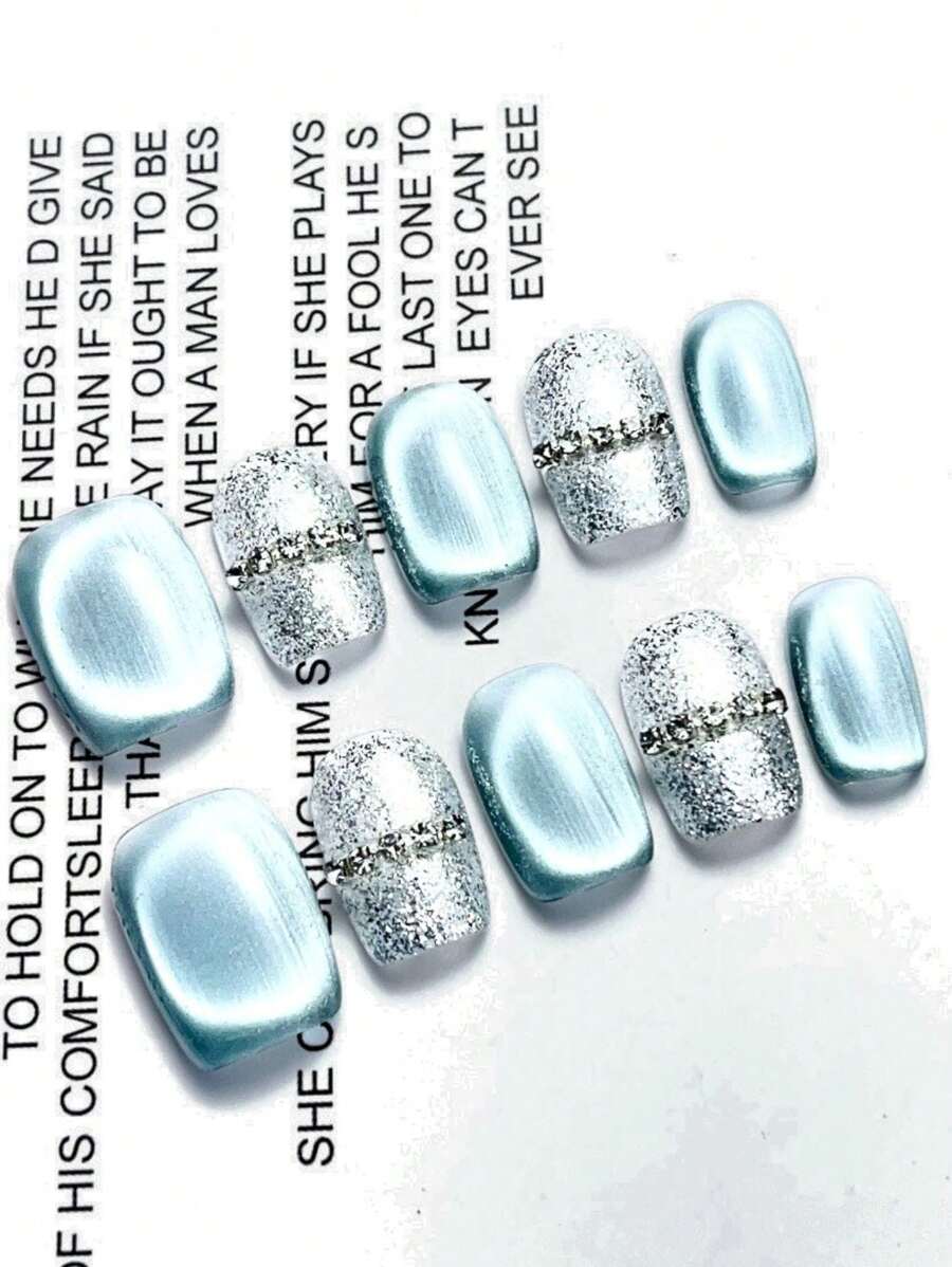 Senmengji New Simple And Fresh Blue Cat Eye Silver Glitter Rhinestone Short Square 10 Pieces Handmade Nail Wear - Multicolor - View 1