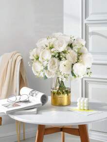 8 Bundles Silk Artificial Peonies Flowers Faux Peony Bouquet Fake Peonies Artificial Flowers Bouquets For Vase Floral Arrangements Wedding Home Table Decoration (White,Pink) - 8 Bunches White - 查看 3