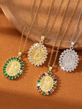 1 件奢华时尚百搭铜方晶锆石项链，电镀圣母玛利亚吊坠，信仰