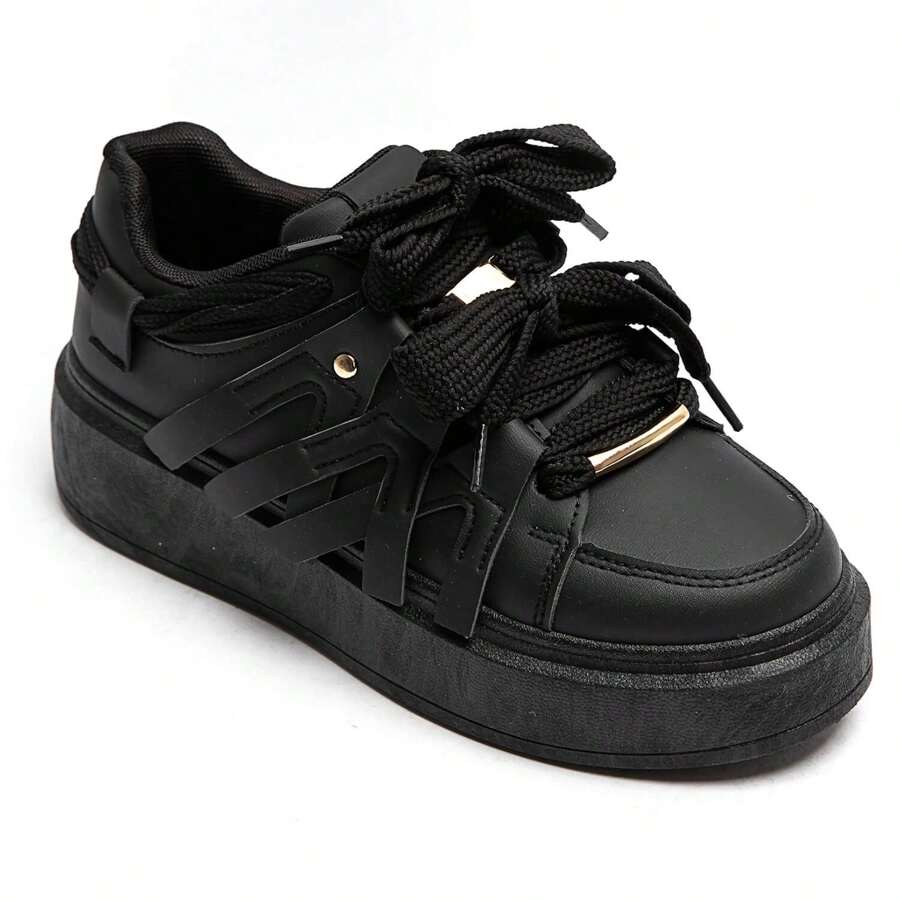 Flat Sneakers With Decorative Laces And Strap - Black - View 1