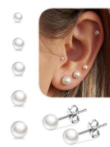 5 Pairs Cute Stainless Steel Hypoallergenic Faux Pearl Stud Earrings Set For Women, Silver Girls Dainty Faux Pearl Cartilage Earrings Gift Jewelr