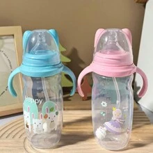 1pc 330ml/11OZ Baby Bottle With Handle, Wide Neck PP Milk Bottle With Straw, Anti-Spill, Pink, Maternity & Infant Supplies - Multicolor - View 2