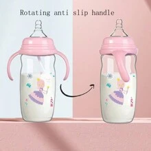 1pc 330ml/11OZ Baby Bottle With Handle, Wide Neck PP Milk Bottle With Straw, Anti-Spill, Pink, Maternity & Infant Supplies - Multicolor - View 6
