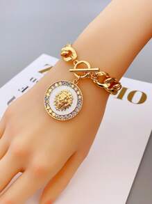 1 Pieza Pulsera Con Colgante De Cabeza De León De Aleación De Zinc Con Decoración De Diamantes De Imitación Adecuado Para Uso Diario De Mujeres