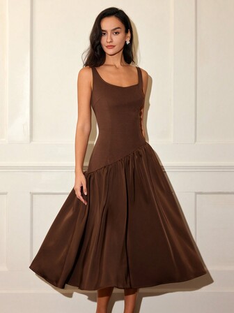 Women's Solid Color Sleeveless Dress, Fashionable & Elegant Casual Patchwork Style Old Money Graduation Dress