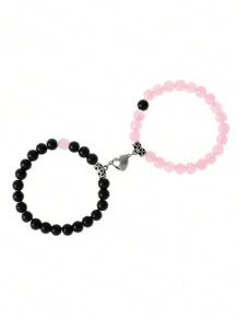 2 pièces Bracelet extensible simple et créatif avec perles en quartz rose mat, fermoir magnétique en forme de cœur. Pour hommes et femmes