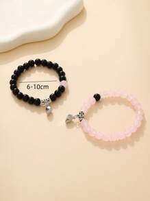 2 pièces Bracelet extensible simple et créatif avec perles en quartz rose mat, fermoir magnétique en forme de cœur. Pour hommes et femmes