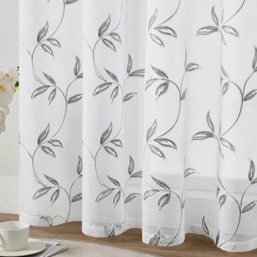 2pcs White Embroidered Sheer Curtains - Floral Pattern, Decorative Grommet Window Treatment For Living Room And Bedroom - White and Gray - View 1