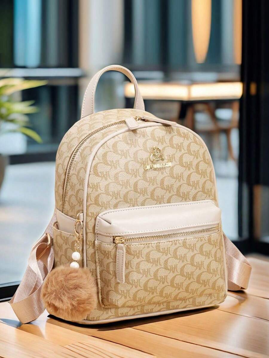 New Printed Backpack, Korean Style Casual Large Capacity Simple Elegant Ladies Backpack - Khaki - View 1