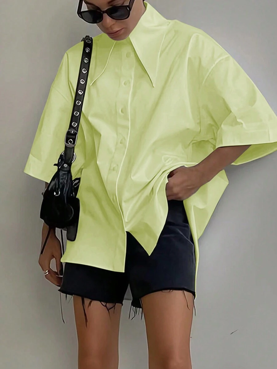 Women's Fashion Spring Summer Autumn Solid Button Up Shirt - Fluorescent Green - View 1