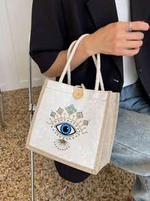 Evil Eye Pattern Storage Bag, Linen Tote Bag, Teacher's Day Gift Bag, Gift For Teachers, Portable Shopping Bag, Lightweight Foldable Storage Bag, Simple Shopping Bag, Nurse, Doctor, Teacher Gratitude Storage Bag, For Teachers, For Mother Gifts, Personal Travel Cosmetics, Shopping Bags, Large Capacity Storage