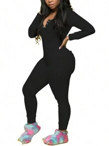 Womenacute;S High Waist Jumpsuit Casual Tight Contrast Color Strip Romper Long Sleeve Long Pants Clothing - 黑色 - 查看 3