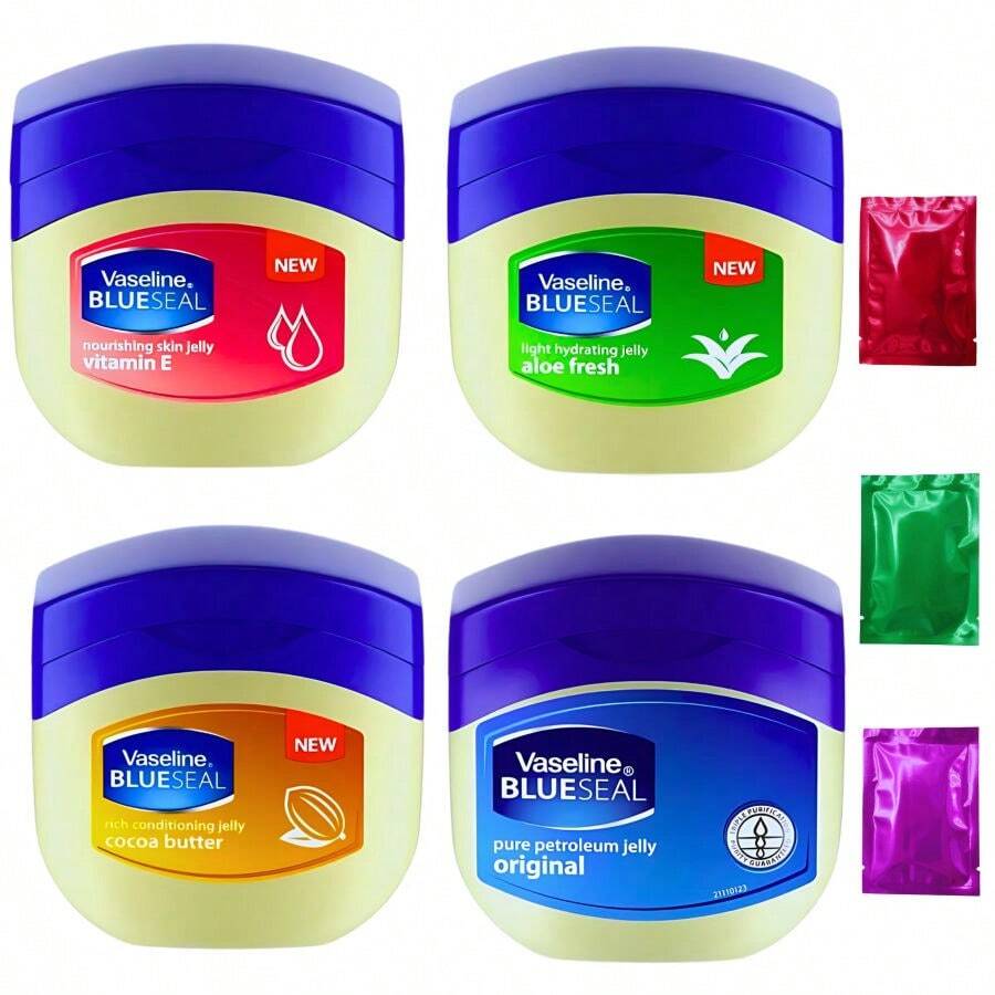 Vaseline BlueSeal Petroleum Jelly Variety Bundle, 1.75oz Jars (Set Of 4) Vitamin E Aloe Fresh Cocoa Butter & Original Travel Pack Skin Lips Feet Care Kit With Bonus Snoep In Beperkte Oplage