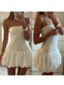 Girls Women Summer Strapless Mini Dress Solid Color Puff Bubble Party Dress For Cocktail Beach Streetwear - trắng - Xem 3