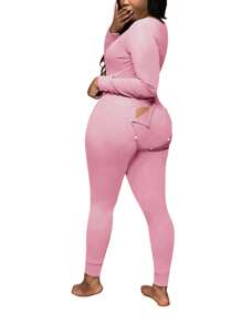 Women Christmas One Piece Pajamas Jumpsuit Bodycon Striped Xmas  Pjs Cute Printed Butt Flap Bodycon Bodysuit Romper Sleepwear - 粉色 - 查看 4