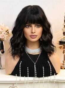14 Inch Natural Black Multi-Color Short Curly Bangs Synthetic Wig, Suitable For Women's Daily, Party, Christmas And Other Occasions - Black - View 5