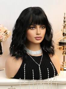 14 Inch Natural Black Multi-Color Short Curly Bangs Synthetic Wig, Suitable For Women's Daily, Party, Christmas And Other Occasions - Black - View 3