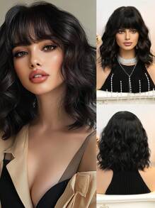 14 Inch Natural Black Multi-Color Short Curly Bangs Synthetic Wig, Suitable For Women's Daily, Party, Christmas And Other Occasions - Black - View 2