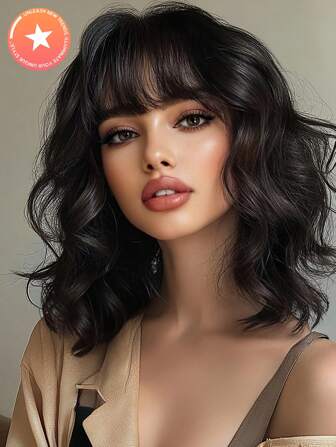 Natural Black 14-Inch Multicolor Short Curly Fringe Natural Fashion Synthetic Wig For Women's Daily Party Christmas Use