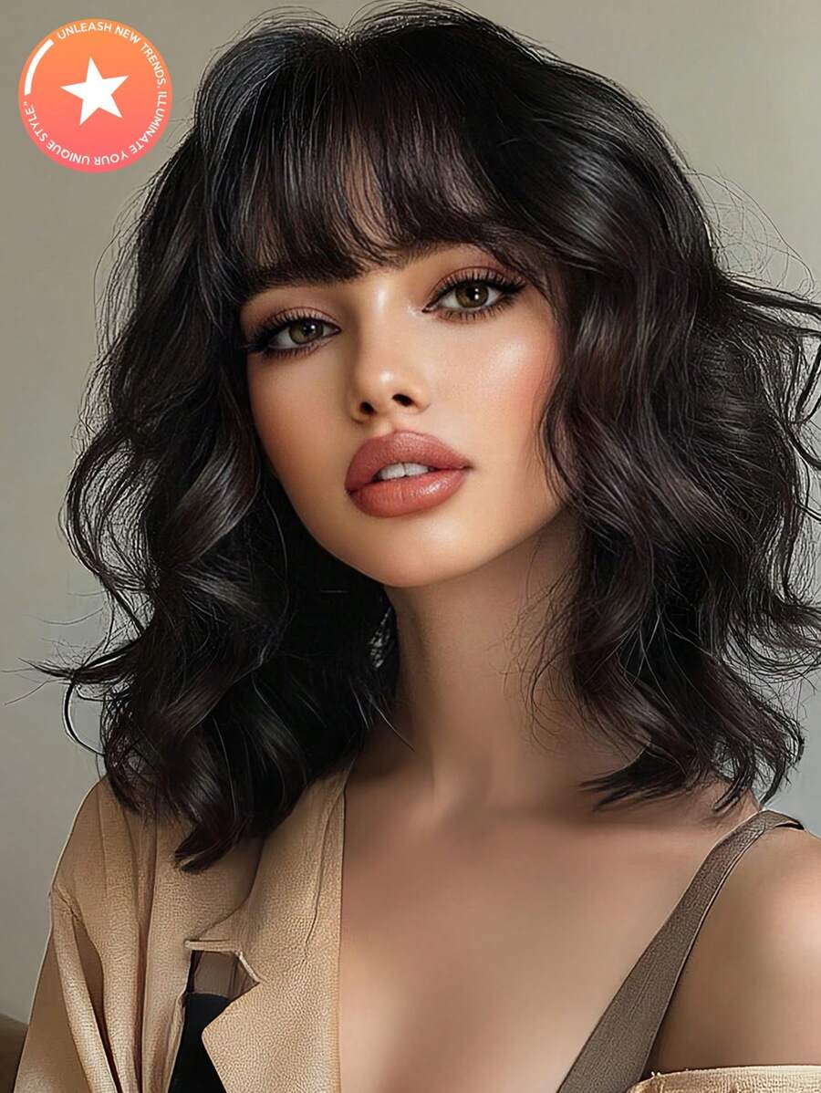 14 Inch Natural Black Multi-Color Short Curly Bangs Synthetic Wig, Suitable For Women's Daily, Party, Christmas And Other Occasions - Black - View 1