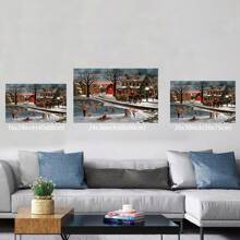 Winter Ice Skating Village Scene Canvas Art, Festive Family Gathering Theme Decoration, Printed Canvas Artwork, Suitable For Bedroom, Dining Room, Living Room, Office Wall Decoration - Framed - View 2