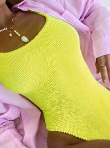 女士露背褶皱面料泳衣，糖果色纯色运动连体泳衣夏季 - 黃色 - 查看 1