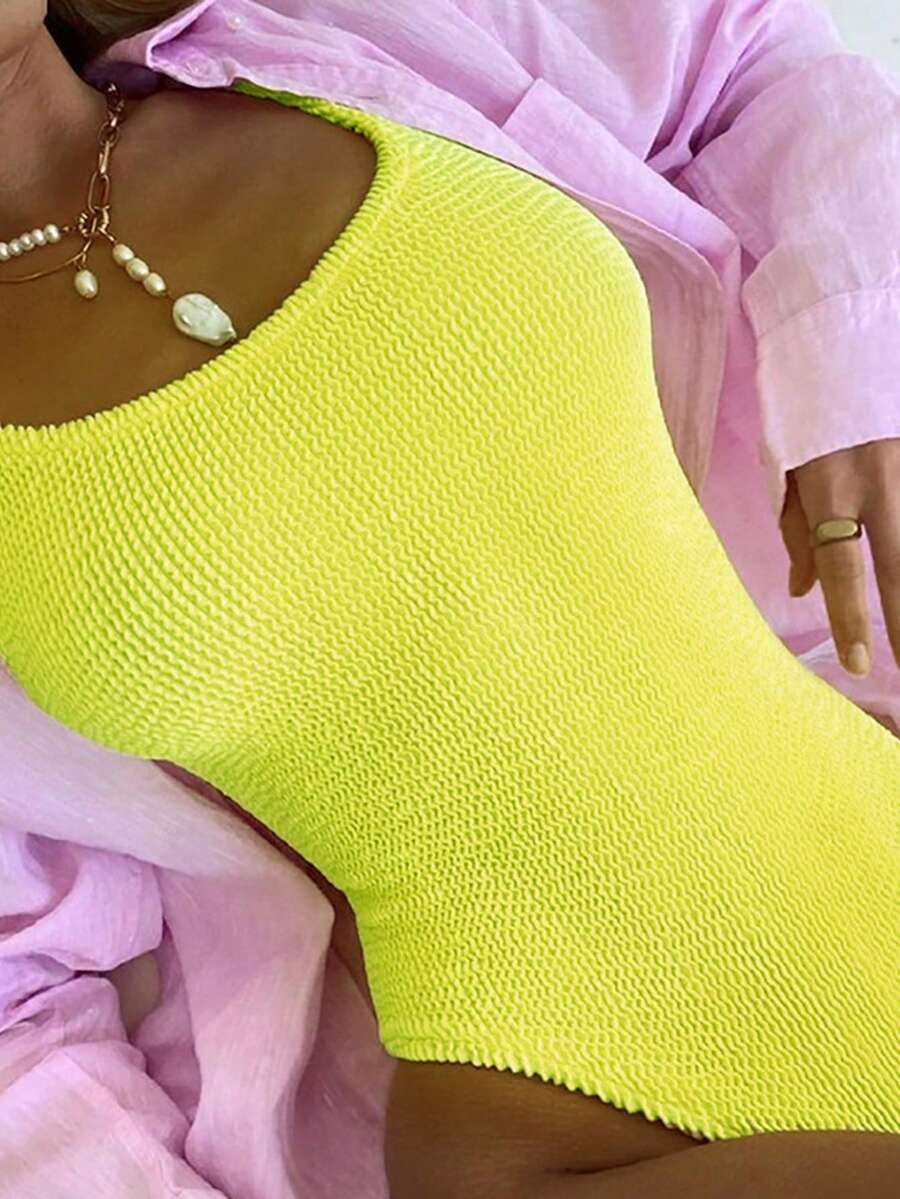 女士露背褶皱面料泳衣，糖果色纯色运动连体泳衣夏季 - 黃色 - 查看 1