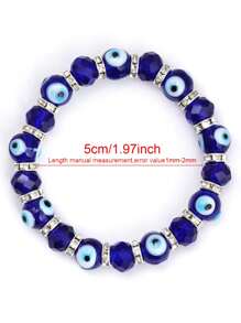 1pc 3 Styles Blue Evil Eye Beaded Stretch Bracelet For Women, Horseshoe Charms & Faceted Beads, Silver Tone Spacers, Boho Stackable Jewelry - Beads - View 8