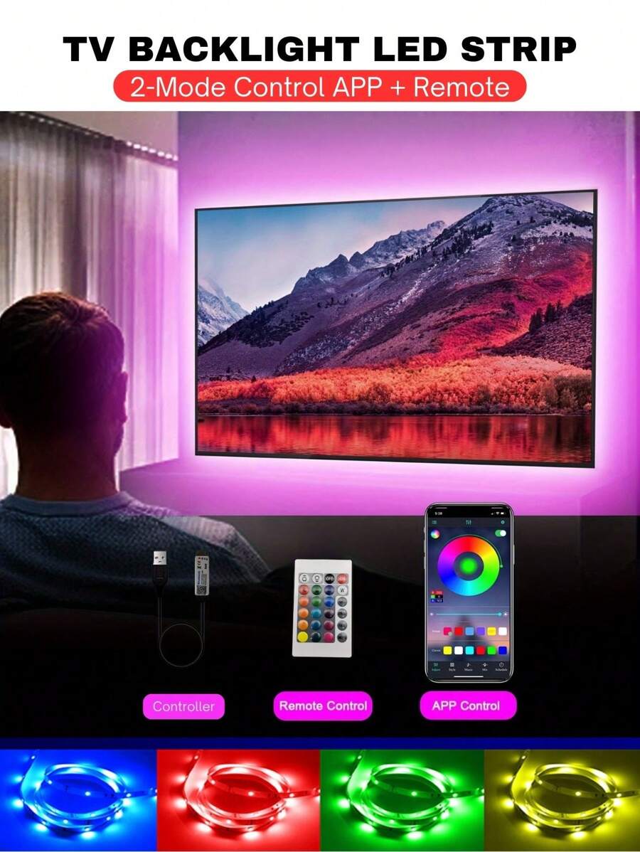aiinnew 1pc 1m-15m/3.3ft-50ft Smart RGB LED Strip Light, Bi-Directional Control, With 24-Key Remote And Smartphone App Control, Suitable For TV Backlight, Bedroom, Living Room And Party Lighting Decoration