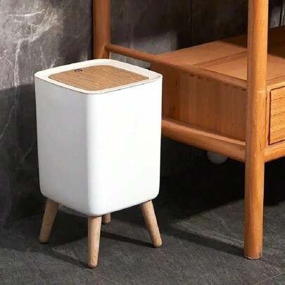 1 pieza Basurero moderno con tapa, diseño de madera falsa de patas altas, cubo de basura de plástico resistente para sala de estar, baño, cocina, basurero de estilo contemporáneo