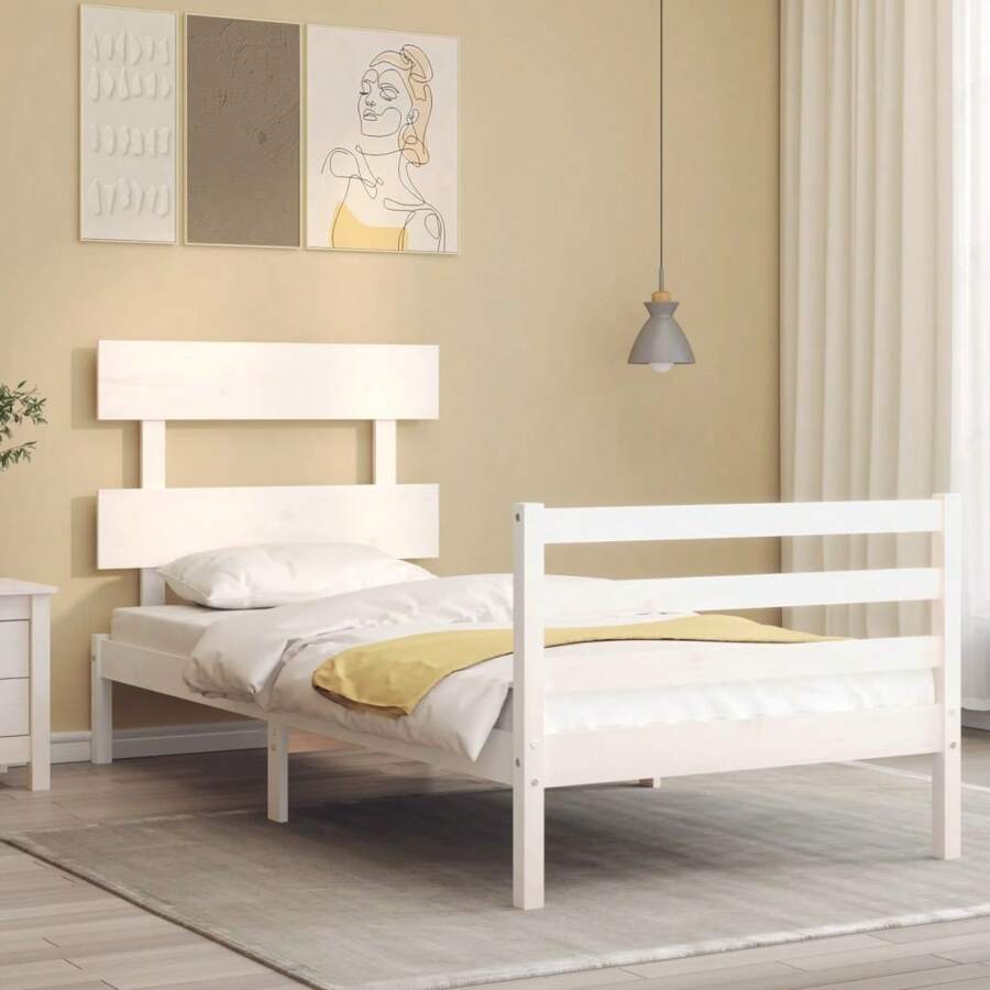 White Solid Wood Bed Frame 100x200 Cm No Mattress Included Modern Design Easy Assembly Durable Construction - White - View 1