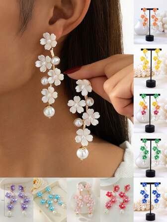 1 Pair Fashion Faux Pearl Flower Earrings, Elegant Pearl Flower Earring Accessories, Suitable For Women's Spring/Summer Vacation, Wedding, Perfect Gift For Ladies