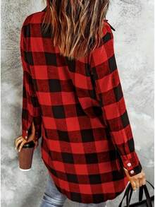 Plus Size Women's Plaid Button Pocket Casual Long Sleeve Shirt Spring Red - Red - View 2