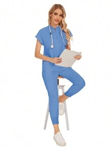 Wholesale Fashion Scrub Suits Dental Hospital Uniform Set Solid Color Surgical Gown Pocket V-Neck Scrubs Sets For Women Joggers Pants Suit