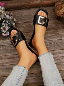 Women's Black Slide Sandals Summer Slippers Indoor & Outdoor Wear Comfortable & Fashionable Simple Design - Black - View 6