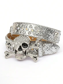 1 件男士朋克骷髅 Y2K 嘻哈水钻涂鸦 PU 皮带，时尚街头风格，音乐节/生日/毕业礼物配饰 - 彩色 - 查看 11