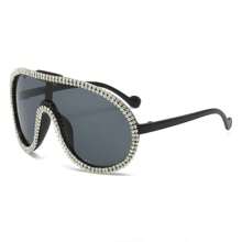 Rhinestone Aviator Sunglasses Oversized Curved UV Lenses, Glamorous Y2K Inspired Frame With Crystal Accents, Women's Luxury Fashion Glasses For Women's Festival-Ready Fits, Night Out, Celebrations, Live Music Looks And Lookbook Sessions - 黑色 - 查看 1